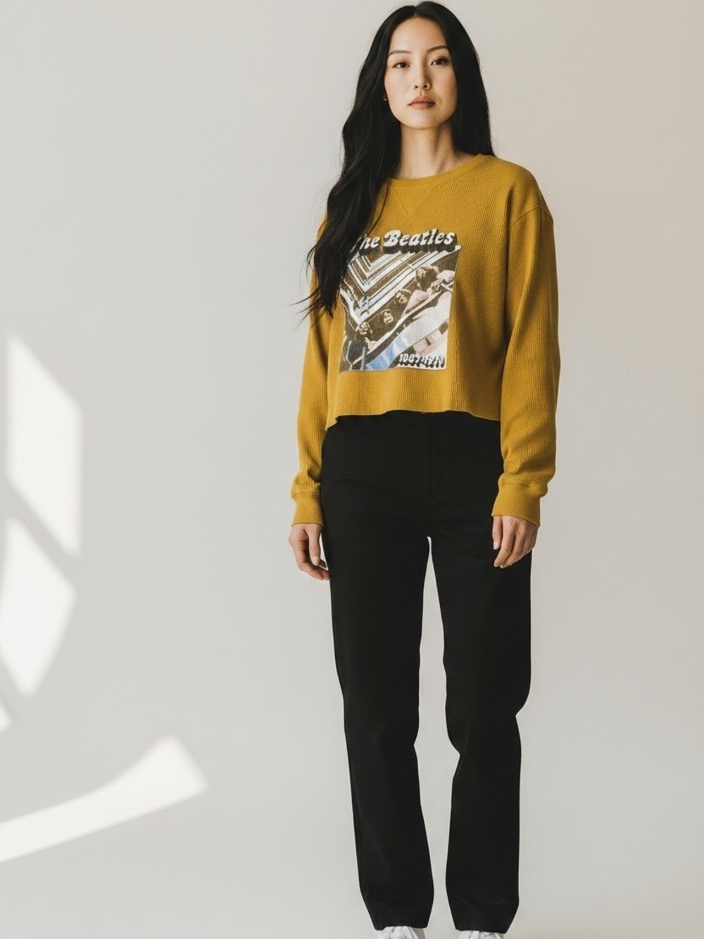 Mustard Yellow Beatles Graphic Cropped Waffle Top